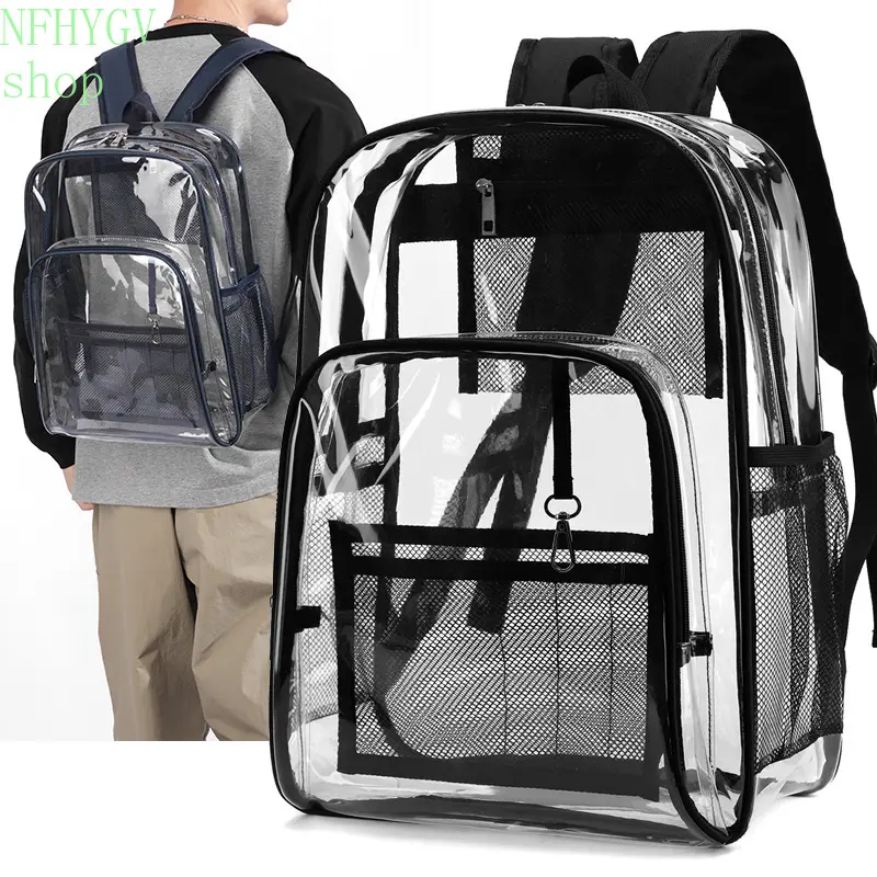 Clear PVC See-Through Backpack For Adults And Students, Stadium Approved Heavy Duty Bookbag With Mesh Side Pockets, Large Capacity Waterproof Backpack For School, Concerts, Sports, Travel And Daily Commute
