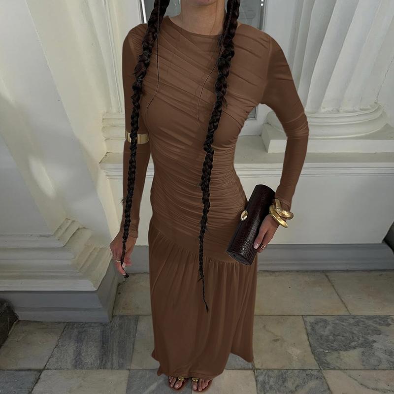 Women's Solid Ruched Round Neck Long Sleeve Pleated Dress, Elegant Plain Patchwork Plicated Slim-fitting Long Dress, Party Club Date Evening Gown Formal Dress, Ladies Spring Fall Winter Casual Dresses Clothes Wear, Formal Bodycon Dress