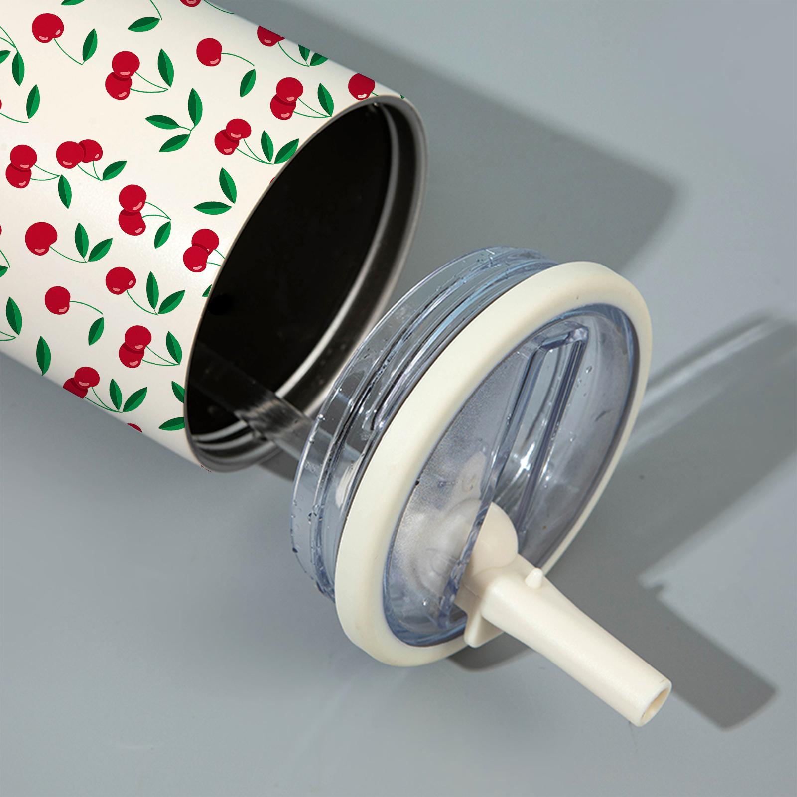 40oz Stainless Steel Reusable Vacuum Insulated Mug Tumbler with Cherry Design, Handle & Straw Lid, Keeps Drinks Hot Cold, Leak-Proof Portable Cup for Travel Office Home Use