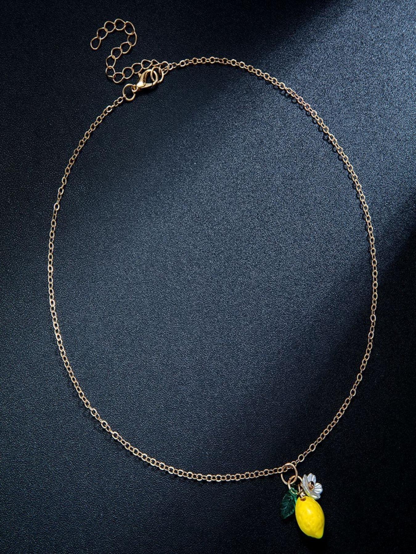 Fresh Sweet Fruit Lemon Flower Leaf Pendant Necklace, Adjustable Metal Chain, Cute Design, Perfect Gift for Birthday, Mother's Day, Friends