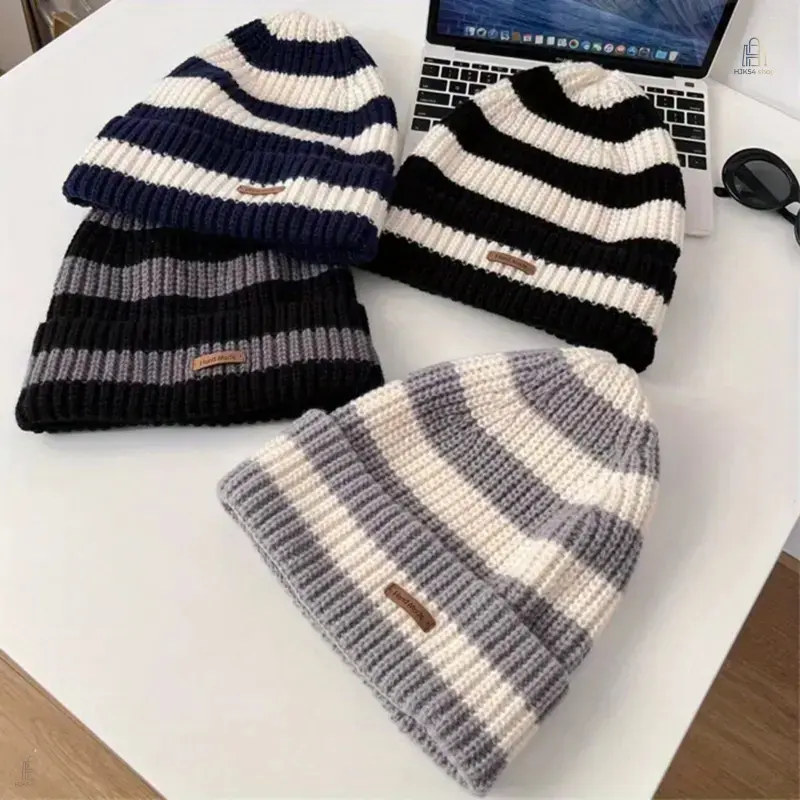 Unisex 2-Pack Chunky Knit Ear Flap Beanie Set, Vintage Striped Winter Hat, Windproof Heat Insulating Loose Fit Polyester Beanie, Elastic Comfy Headwear for Daily Commute & Outdoor Activities