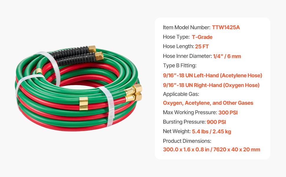 VEVOR Oxygen Acetylene Hose, 1/4-Inchx 25FT Oxy Acetylene Hose with 9/16"-18 B Fitting, 300PSI T Grade Welding Cutting Torch Twin Hose, Compatible with Oxygen, Acetylene, Propane and Other Fuel Gases