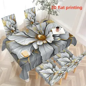 5pcs/7pcs Tablecloth and Chair Cover Set, Luxury Gray & Gold Floral Printed Tablecloth and Chair Cover Set, Stretch Chair Slipcover Combination for Dining Table Decoration, Marble Pattern Suitable for Restaurant / Kitchen / Banquet, 2D Flat Printing