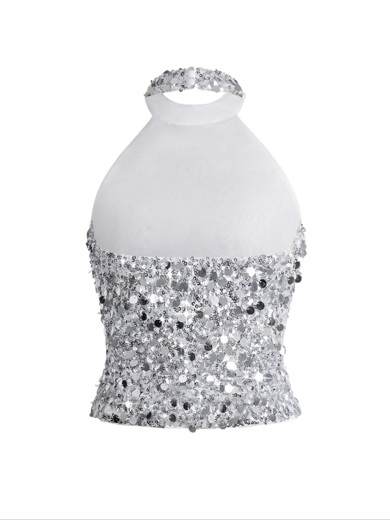 Y2K Women's Sequin Design Halter Neck Top, Elegant Slim-Fitting Backless Vest, Plain Pattern, Perfect for Casual Wear