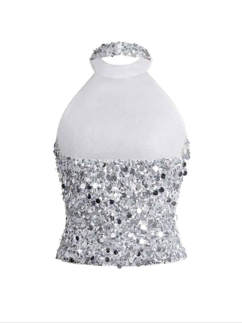 Y2K Women's Sequin Design Halter Top, Elegant Slim-Fitting Backless Vest, Plain Pattern, Perfect for Casual Wear