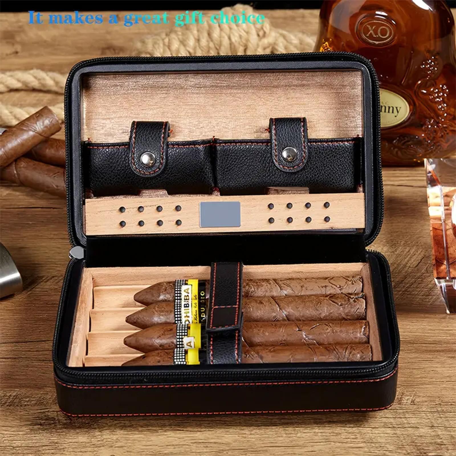 Portable Cigar Travel Case, 1 Count Wooden Lined Humidor with Zipper Closure, Elegant Leather Exterior Storage Box for Home & Travel, Organizer