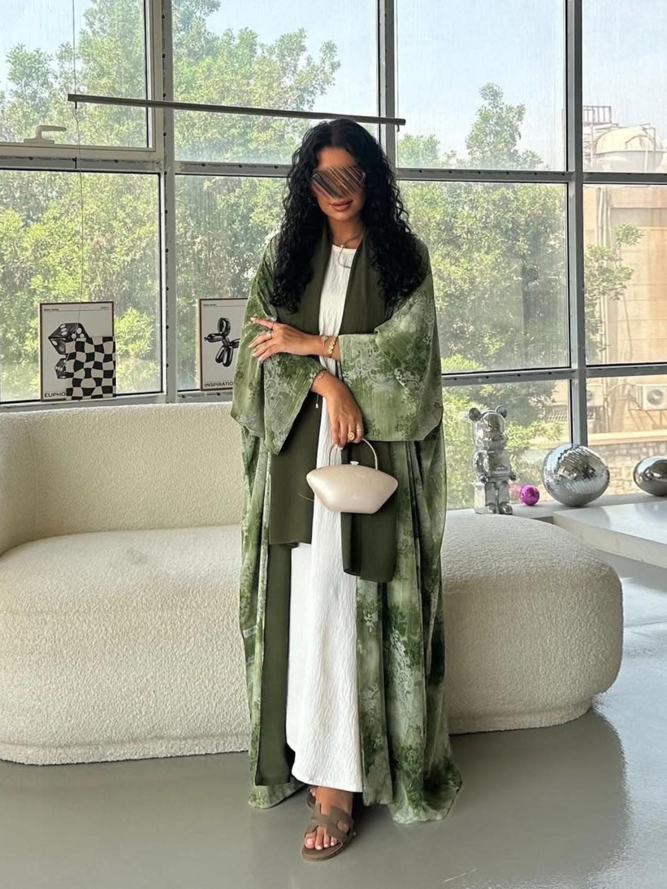Hafizah Summer New Chiffon Wrinkle Print Flower Cardigan + Headscarf Robe, Fashion Plus Size Women's Outerwear, All Seasons