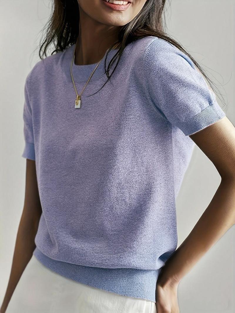 Women's Solid Color Crew Neck Short Sleeve Sweater, Casual Basic Knit Pullover for Spring & Fall, Fashion Women's Knitwear for Daily Wear, Womenswear Women's Solid Color Crew Neck Short Sleeve Sweater, Casual Basic Knit Pullover for Spring & Fall, Fashion Women's Knitwear for Daily Wear, Womenswear