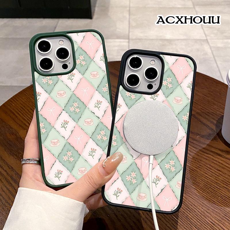 Pastel Tea Checker Pattern Magnetic Phone Case for iPhone 17 16 15 14 Pro Max 13 12 11 XR XS Plus Anti-Yellowing Shockproof Lightweight Transparent Acrylic Soft Cover Supports Wireless Charging
