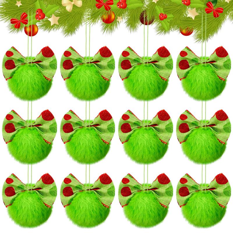 Christmas Clearance Sale Christmas Decorations Green Monster Christmas Ornament Christmas Balls, Shatterproof Glittering Christmas Tree Decoration, Funny Cute Lime Green Furry Hanging Ornament with Red Bow, Holiday Party Home Christmas Decor for Xmas Tree