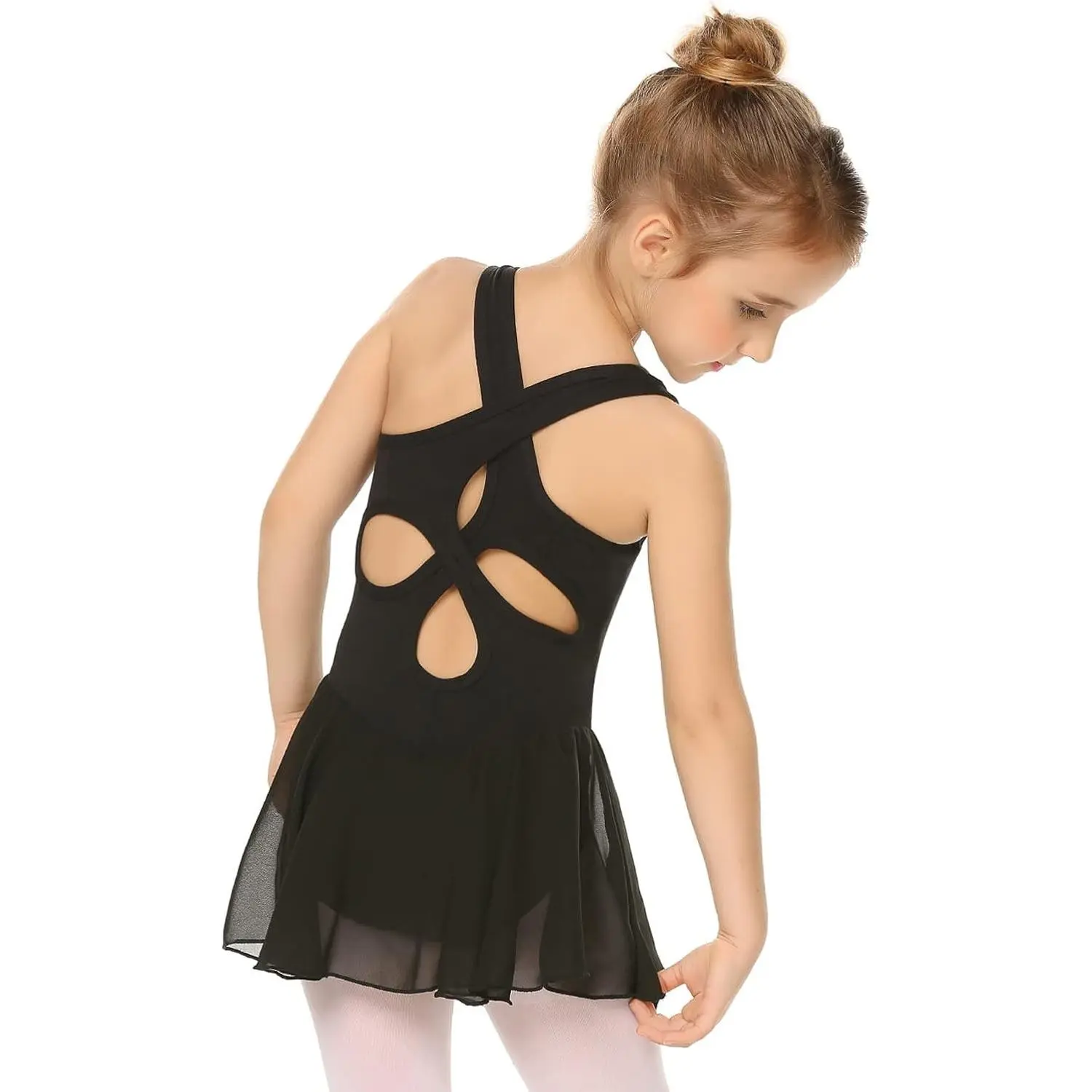 Girls Hollow Back Ballet Leotard with Skirt Sleeveless Dance Dress | Kid Girls, Solid Leotard with Hollow Back Criss-Cross Straps, Flowy Chiffon Skirt 3-11 Y