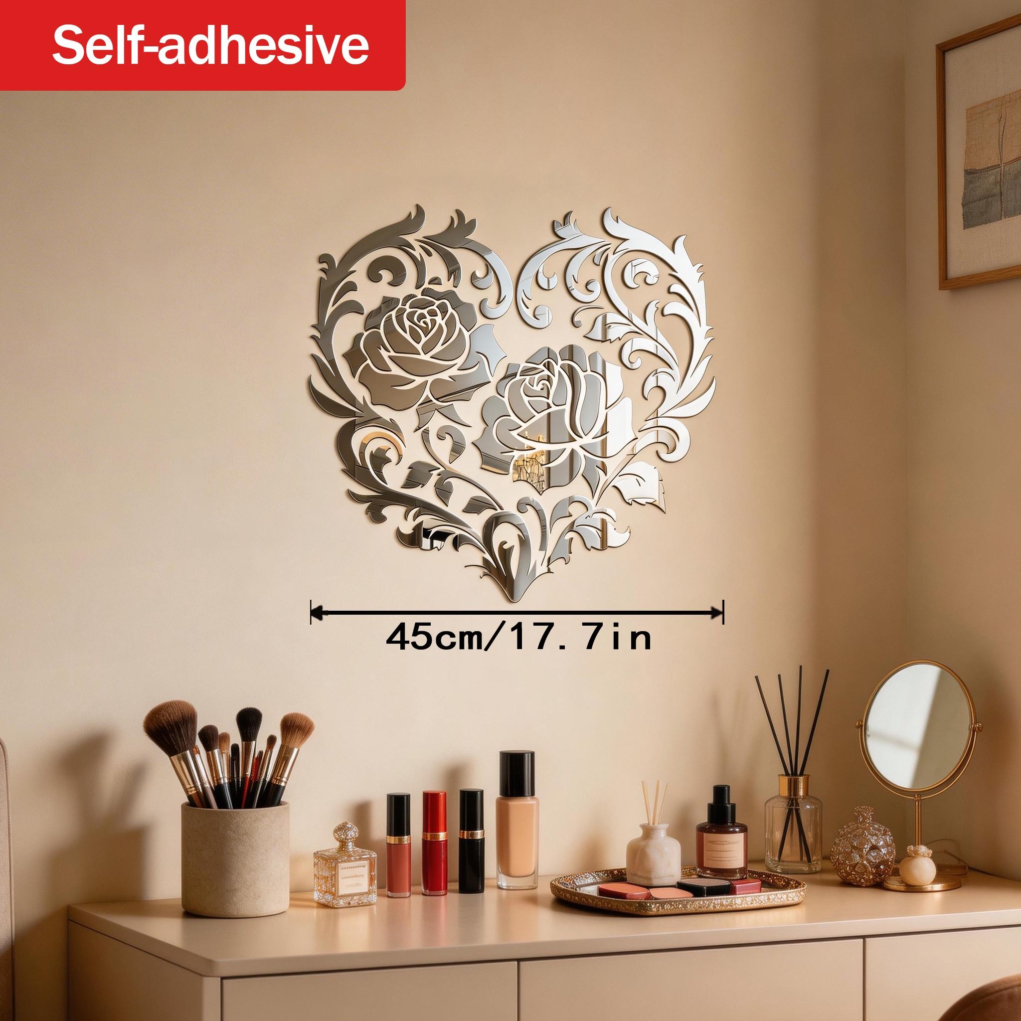 Mirror Rose Heart Art Self-Adhesive Wall Hanging Makeup Mirror, Romantic Decorative Wall Mirror for Living Room Bedroom, Luxury Atmosphere