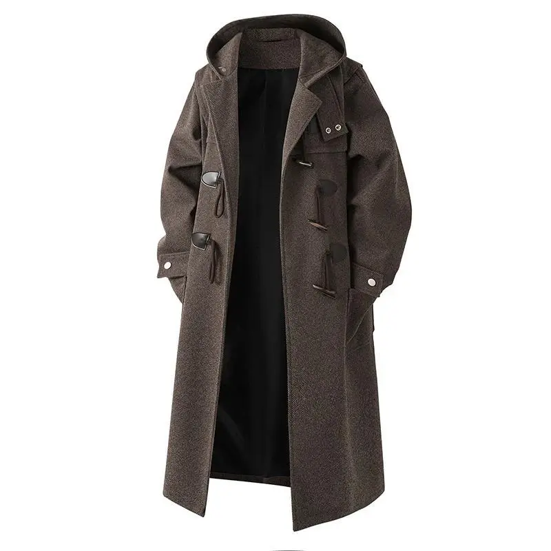 2025 Autumn Winter Woolen Coats Men Hooded Trench Fashion Loose Casual Streetwear Long Outwear Coat Male Button Windbreaker