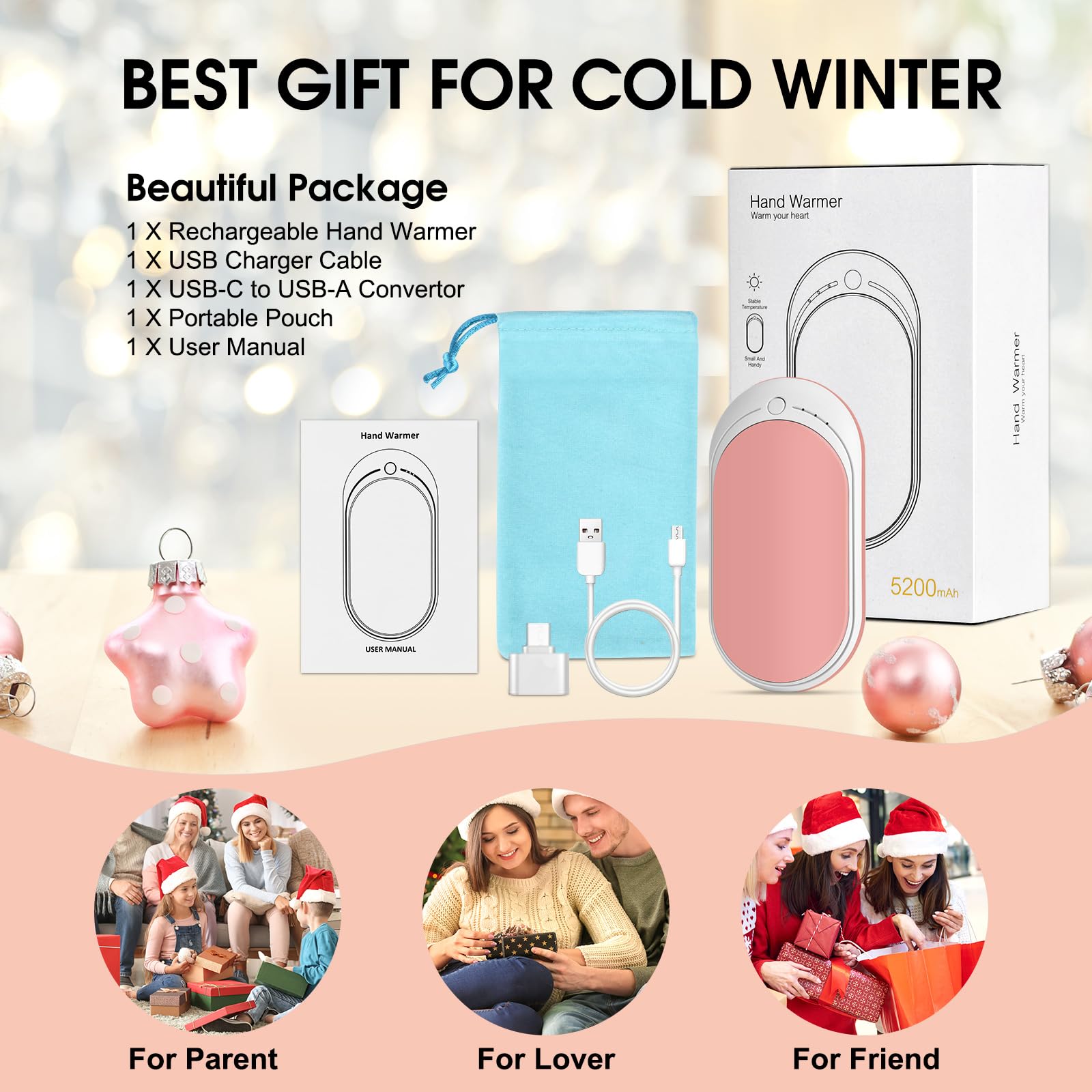 Rechargeable Hand Warmer, 5200mah Fast Charging Battery, Portable Mini Heater & Power Bank, Ideal for Outdoor Activities & Gifts