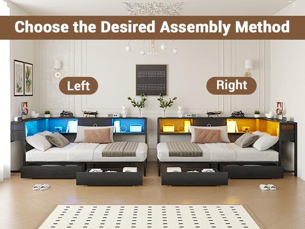 Hasuit Twin Corner Bed Frame with Storage Drawers and Bookcase Headboard, Twin Size Metal Platform Corner Bed Frame with Charging Station and LED Lights, Twin Daybed for Kids Teens Guests