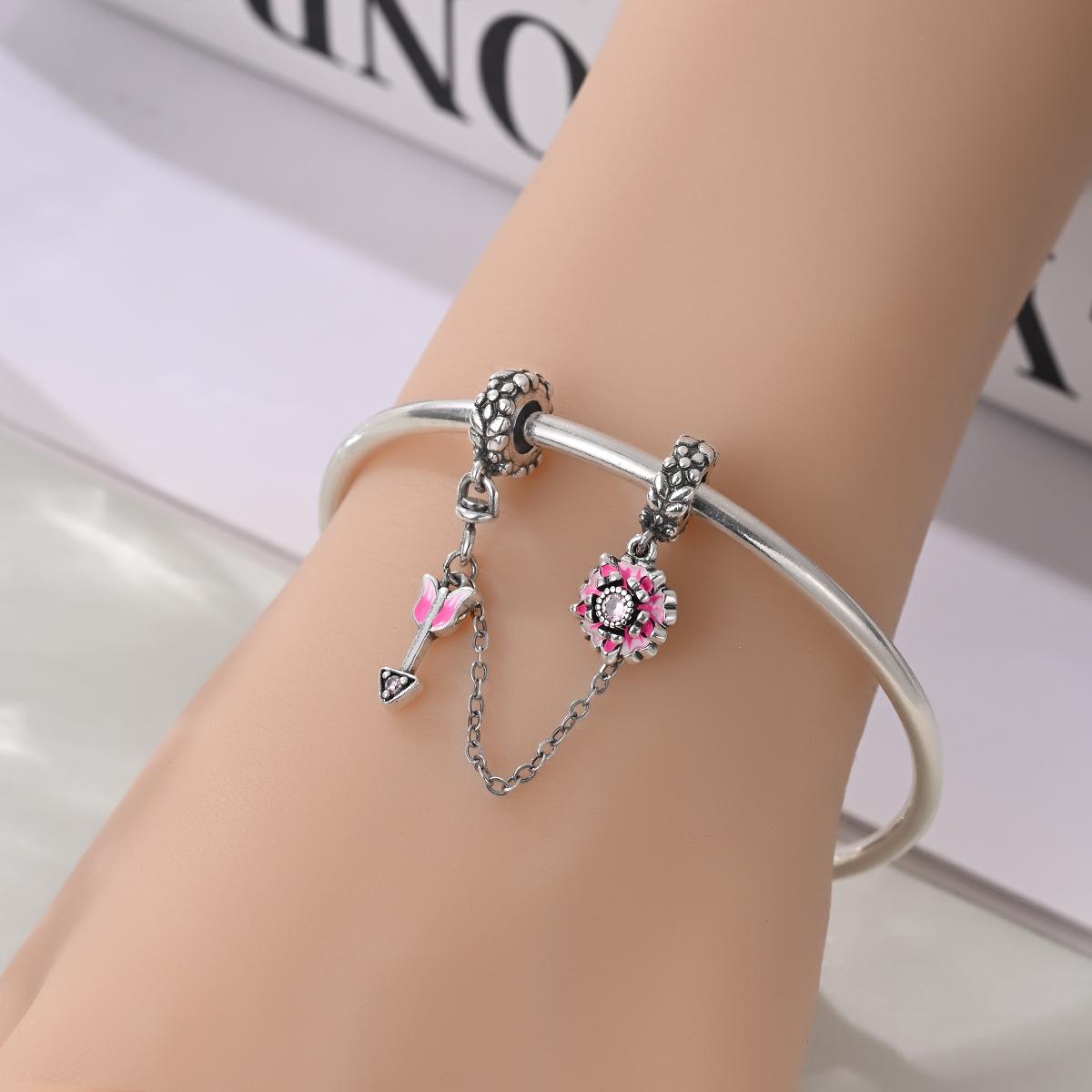 Single Piece Flower Safety Chain Charm, Dragonfly Cherry Blossom Arrow Design, Botanical Floral Jewelry for Pandora Bracelet