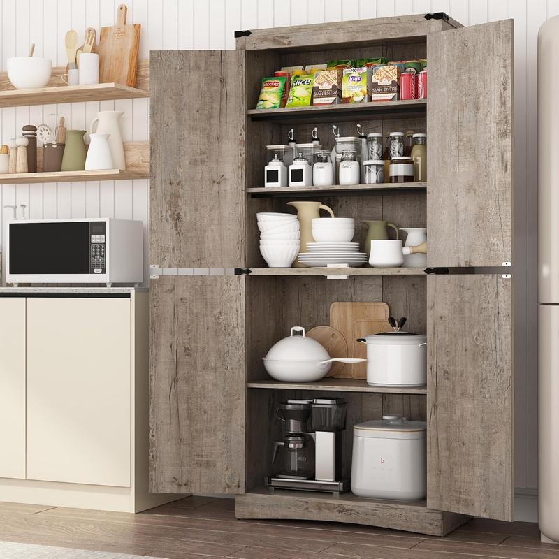 71in Farmhouse Kitchen Pantry Cabinet,Tall Storage Cabinet with 4 Doors and Adjustable shelves,with Load-Bearing Steel Pipe,Wood Storage Cabinets for Kitchen,Dining Room,Bathroom(Black/Brown/Light Rustic Oak/White/Rustic Blue)