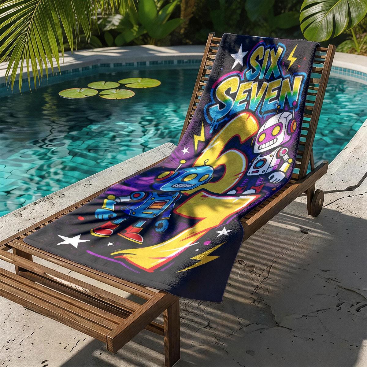A Number 67 Robot Graffiti Trendy Printed Beach Towel - Oversized, Skin-friendly, Absorbent and Quick-drying, Perfect for Beach and Pool Leisure, Ideal for Summer Trips - Suitable for Seaside Vacations, Pool Parties and Outdoor Picnics Quick Drying Towels