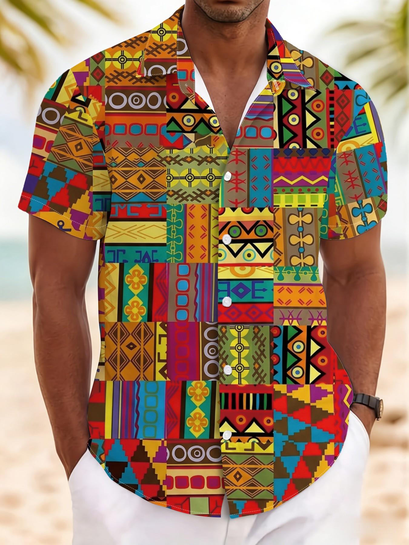 Summer New Men's Short Sleeve Shirt, Vintage African Ethnic Geometric Print, Casual Breathable Beach Holiday Hawaiian Shirt
