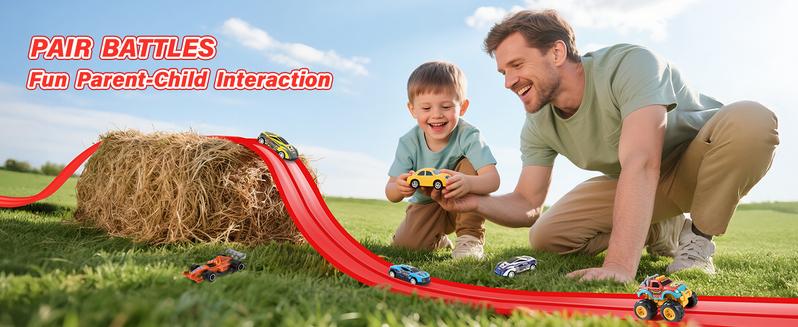 Hotfree Flex Tracks 15Ft for Kids, STEM Flexible Race Car Ramp Track with 4 Small Racecars 12 Suction Cups and 1 Hook, Compatible with Hot Wheels and Diecast 1/64th Cars, Rolls Up Portable Racetrack for Ages 3 & Up, Birthday Christmas Gifts for Kids