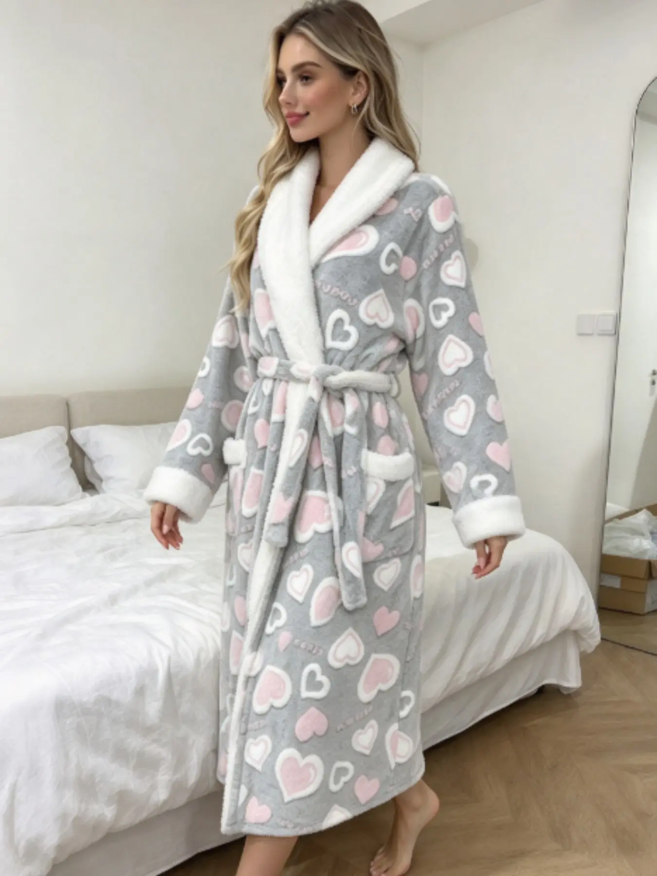 Long Flannel Sleep Robe for Fall Winter, Long Sleeve Thick Heart Pattern, Soft Casual Home Wear, Cozy Lounge Pajamas, Comfortable Nightwear