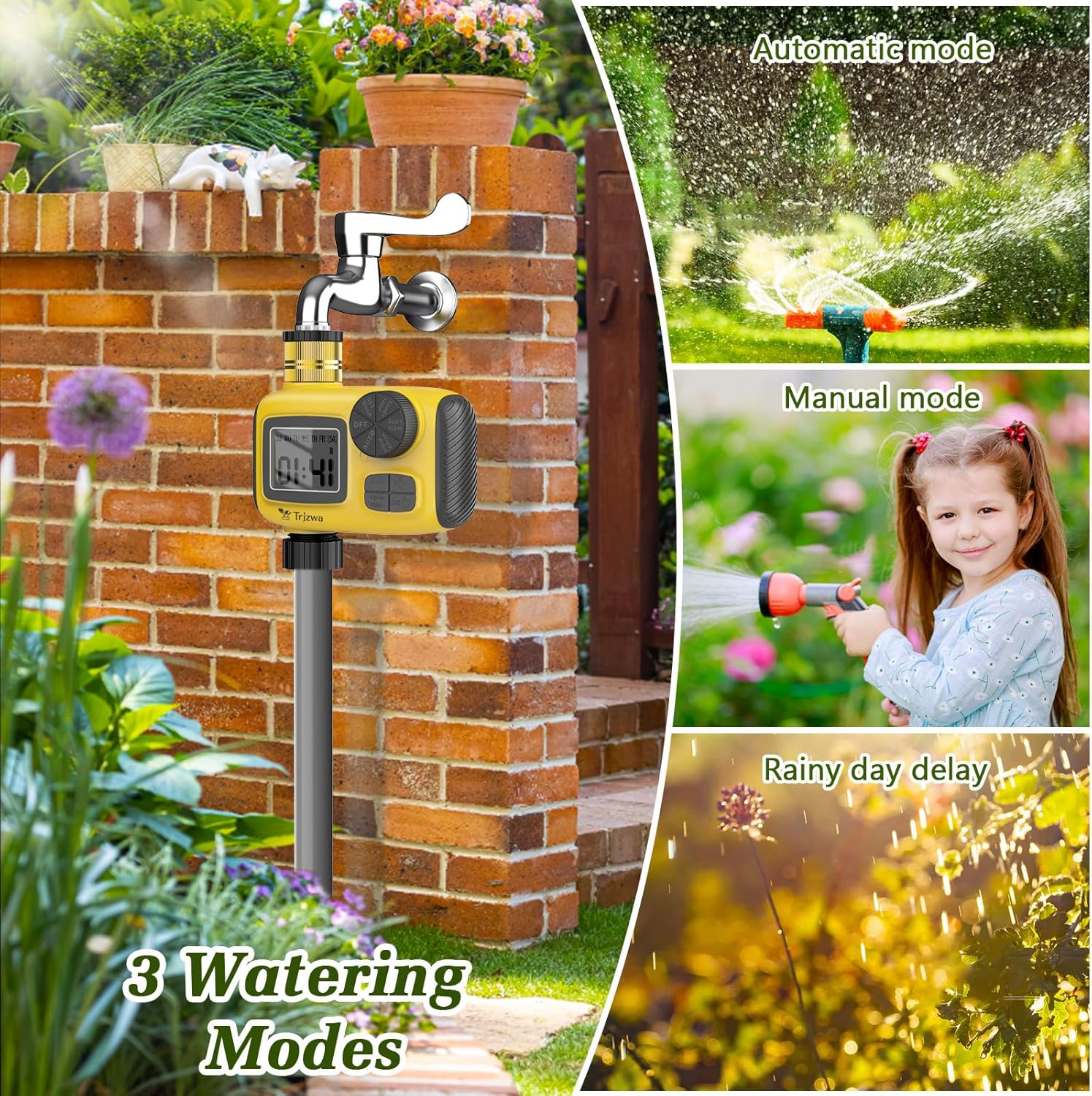 TRJZWA Water Timer with LCD Display, 2025 Latest Automatic Watering System with 3 Separate Watering Programmes, Irrigation Timer with Child Lock/Rain Delay Function for Garden Watering/Pool Filling