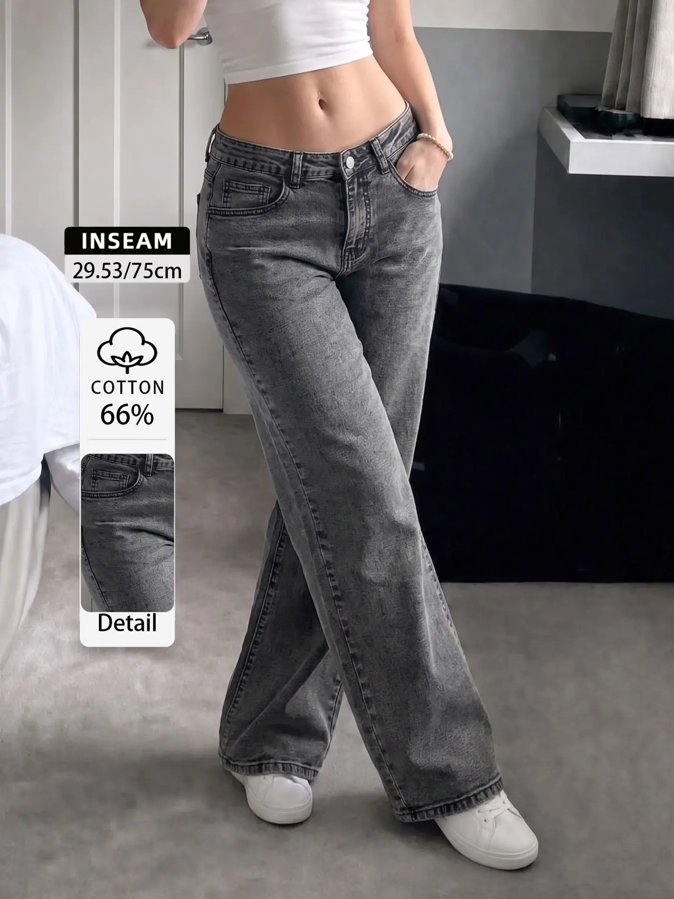 Women's Mid-Rise Straight Leg Jeans: Snow Wash Stretch Denim for Summer. Trendy Street Style Casual Pants, Slim Fit & Flattering. Elegant Chic Everyday Wear for Young Women, All Seasons Bottomss