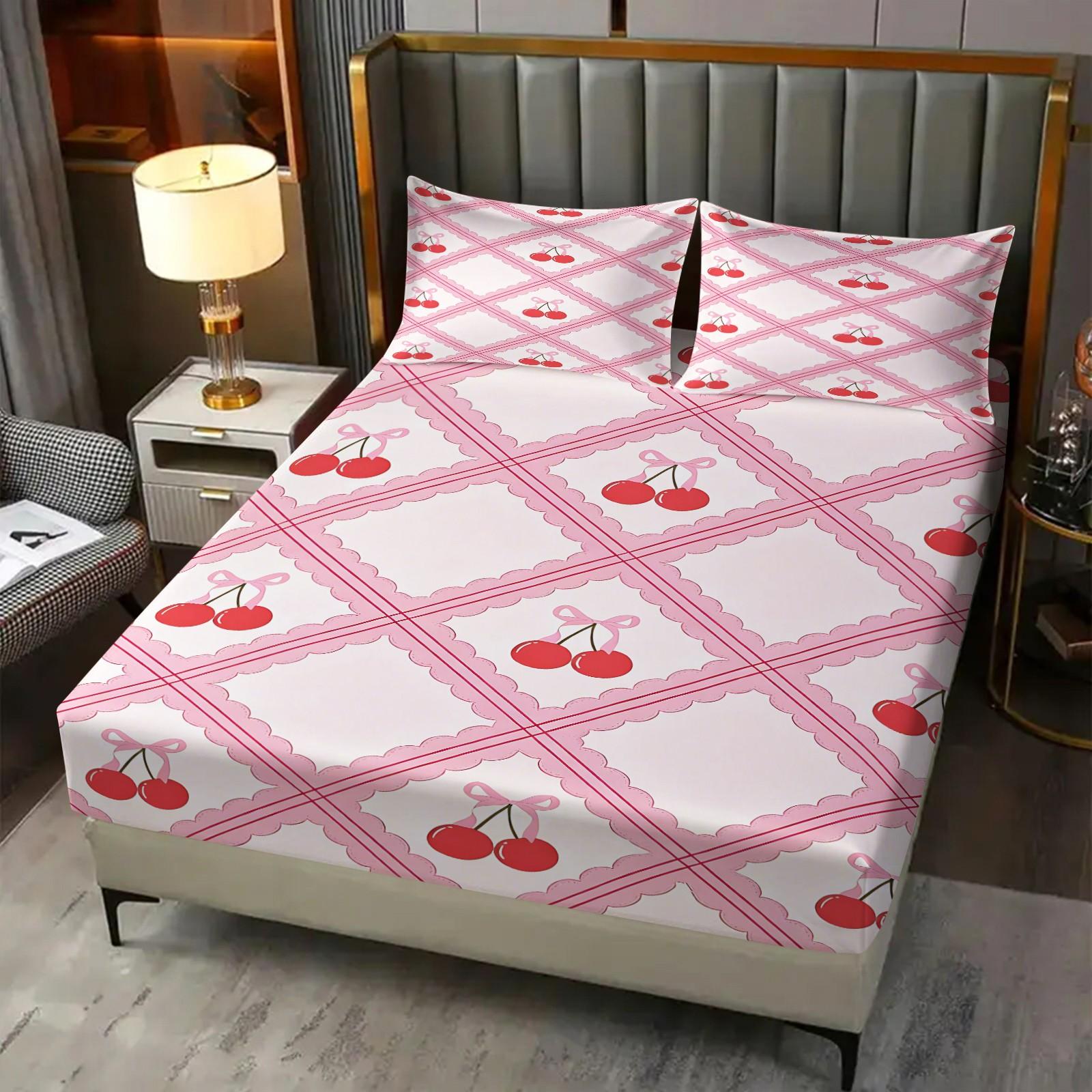 Sweet and lovely cherry-print fitted sheet set,Includes 1 Fitted Sheet & 2 Pillowcases without Filler,Fresh and adorable design,Comfortable and soft,Multiple styles available, perfect for stylish bedroom decor.