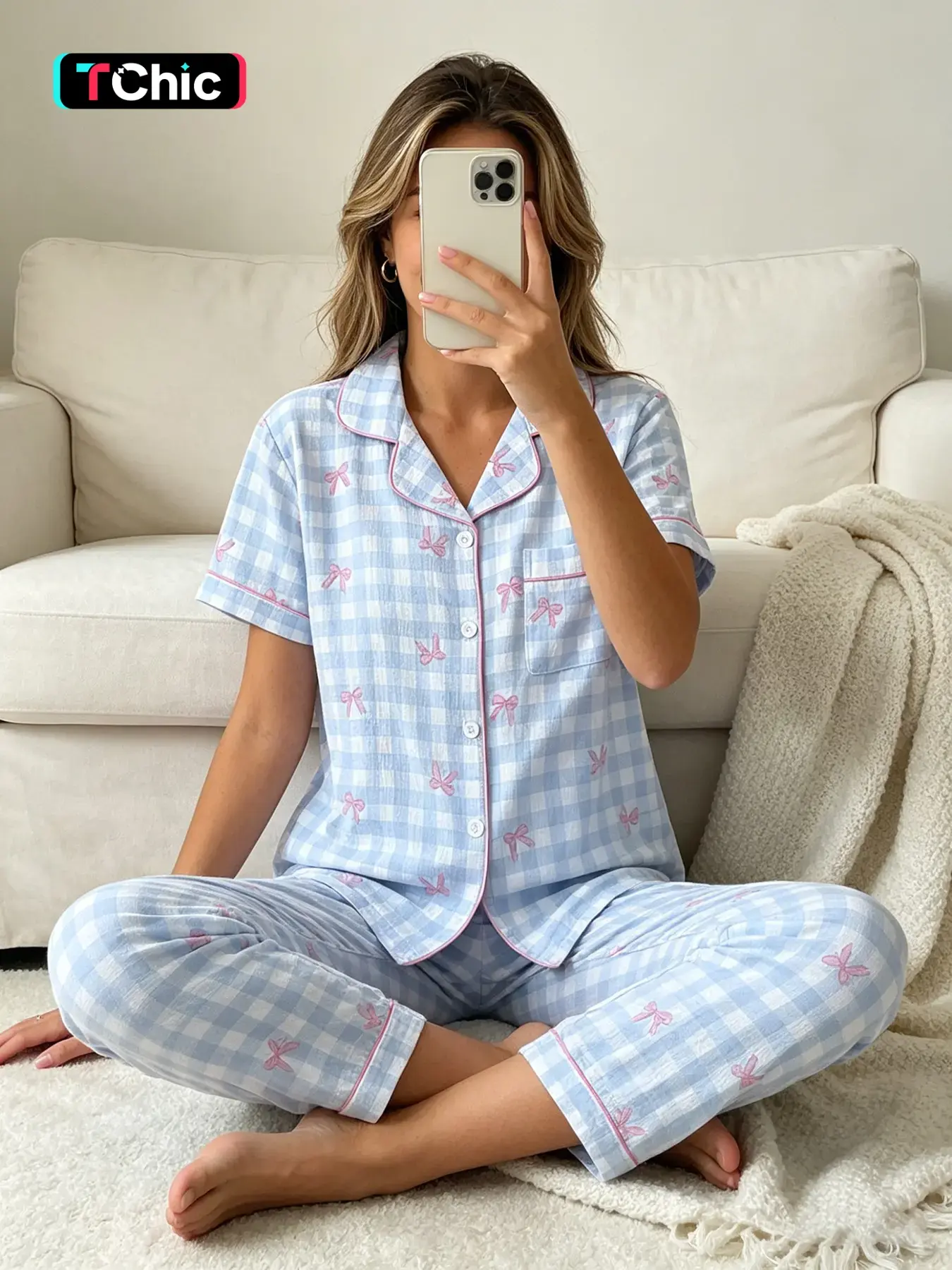 Women's Short Sleeve Button Down Top and Pants Pajama Set, Matching Pj Set, Light Blue Gingham Preppy Bow Print, Classic Lapel Collar Loose Fit Loungewear, All Season Comfortable Wear for Study & Relaxing