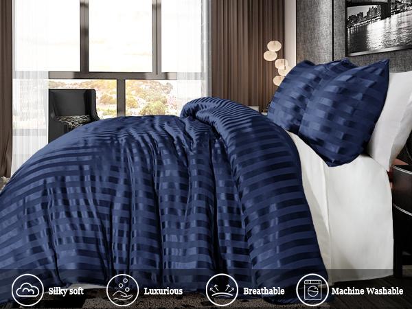 Whale Flotilla 3-Piece Reversible Silky Soft King Size Comforter Set, Luxury Stripe Satin Oversized Comforter Bedding Set with 2 Satin Pillowcases, Lightweight Duvet for All Seasons