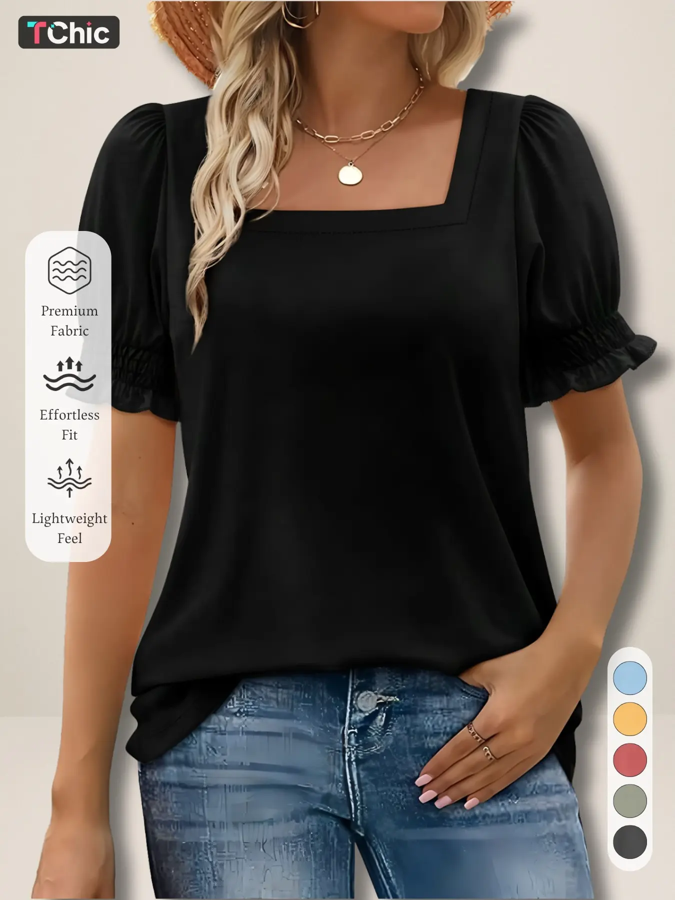 New Summer Women's Basic Solid Color Square Neck T-Shirt Blouses, Bubble Sleeve Pleated Design, Elegant Fashion Commute Top, Simple High-End Versatile Shirt