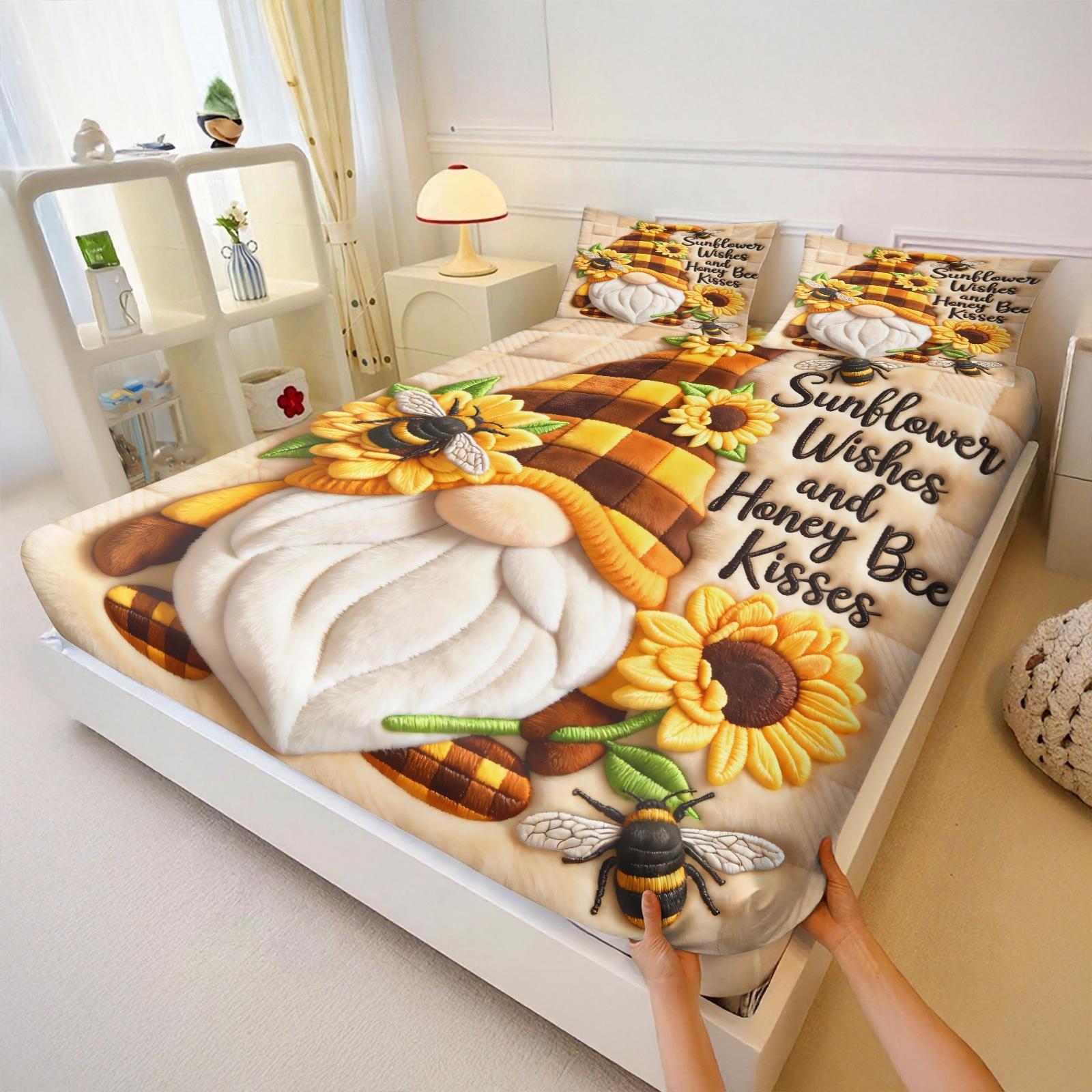 Cure-Style Sunflower Print Bed Sheet Set, Plush Warm Bedding with 2 Coreless Pillowcases, Cozy Bedroom Decor, Mattress Cover Clb452