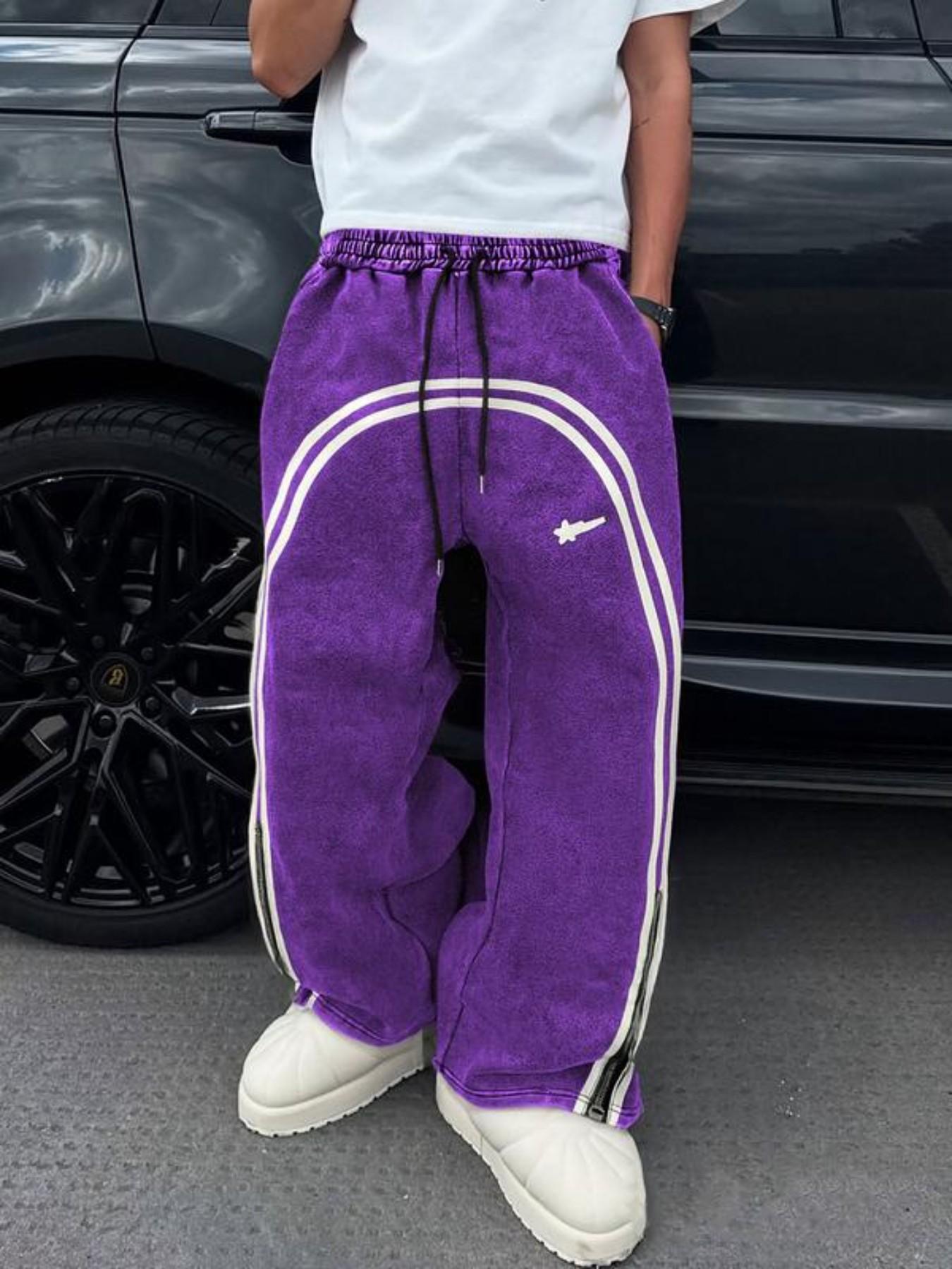 Cotton Men's Plain Color Patchwork Front Drawstring Pocket Casual Sweatpants, Drawstring Waist, Printed Wide Leg, Zipper Design