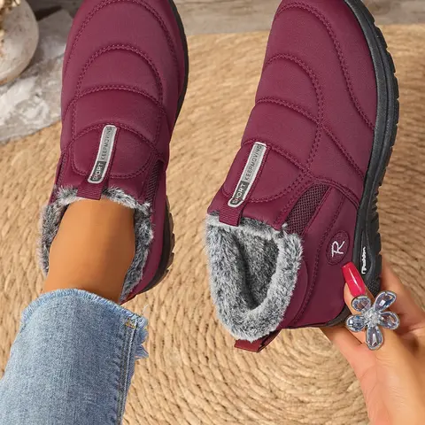 Women's Plain Fuzzy Lined Ankle Boots, Slip-On Soft Sole Snow-Resistant Winter Flat Shoes, Comfortable Warm Casual Footwear, Ankle Booties