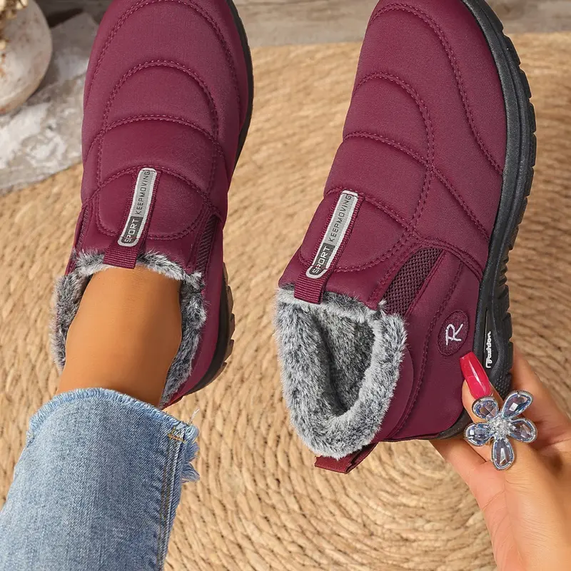 Women's Plain Fuzzy Lined Ankle Boots, Slip-On Soft Sole Snow-Resistant Winter Flat Shoes, Comfortable Warm Casual Footwear, Ankle Booties
