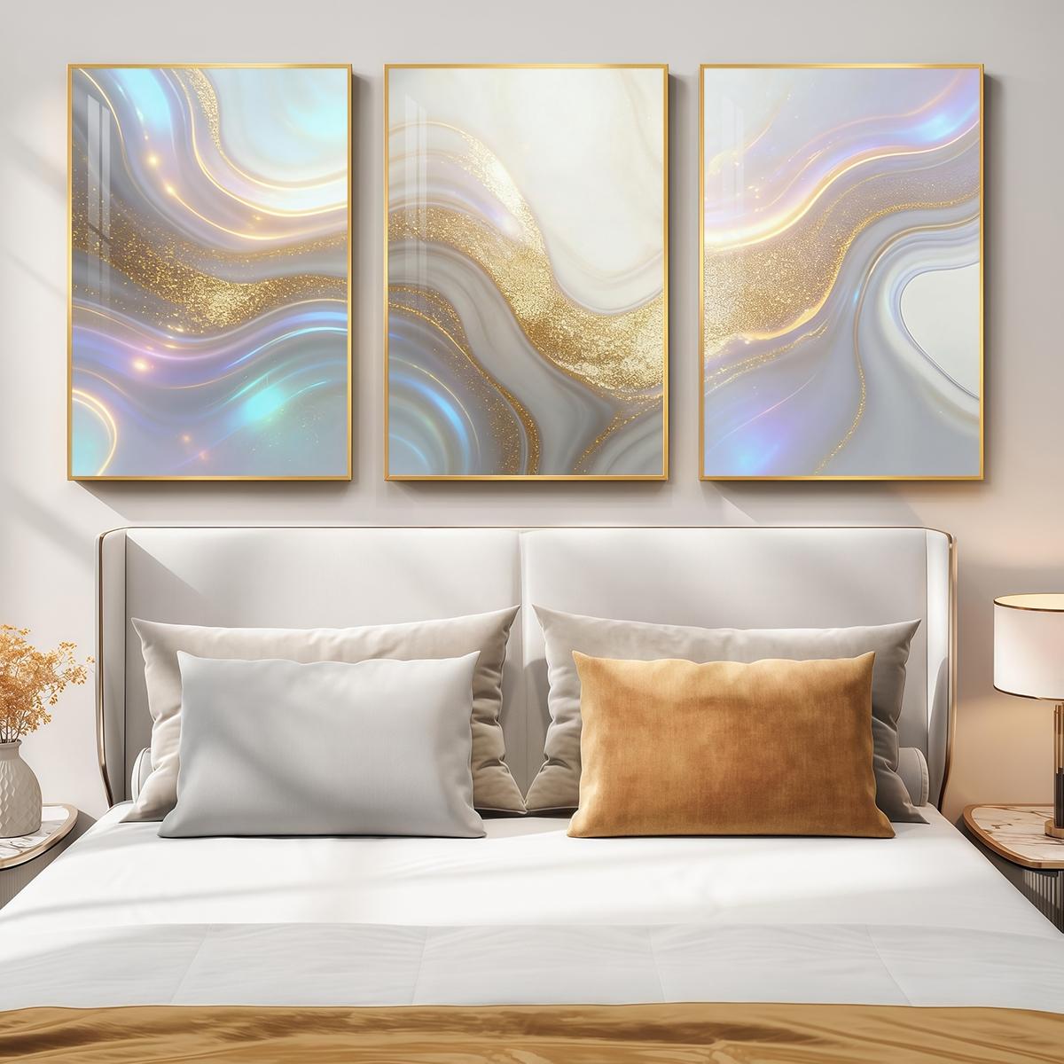 3 Counts Aluminum Alloy Framed Painting, Abstract Golden And Silver Fluid Art Pattern, Home Decoration For Living Room, Bedroom, Office, Restaurant, Hallway Wall Decor, Odorless Print Artwork, Luxury Perfect Gift For Friends And Family