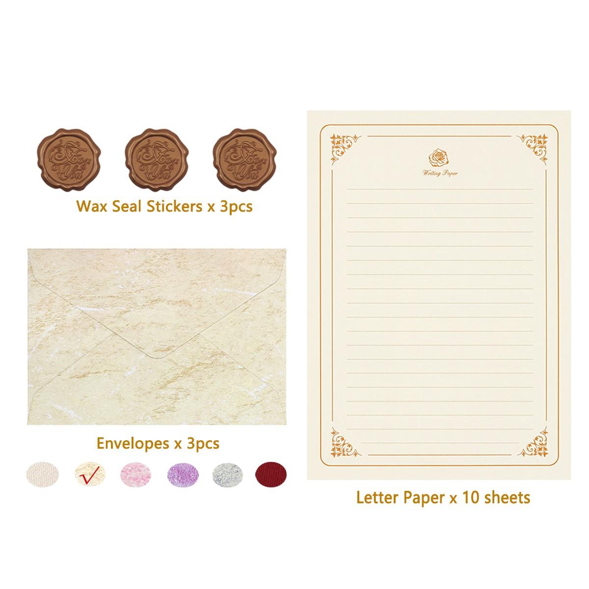 Letter Writing Set 3 Envelopes Wax Seal Stickers 10 Sheets Paper Vintage Gift for Stationery Lovers