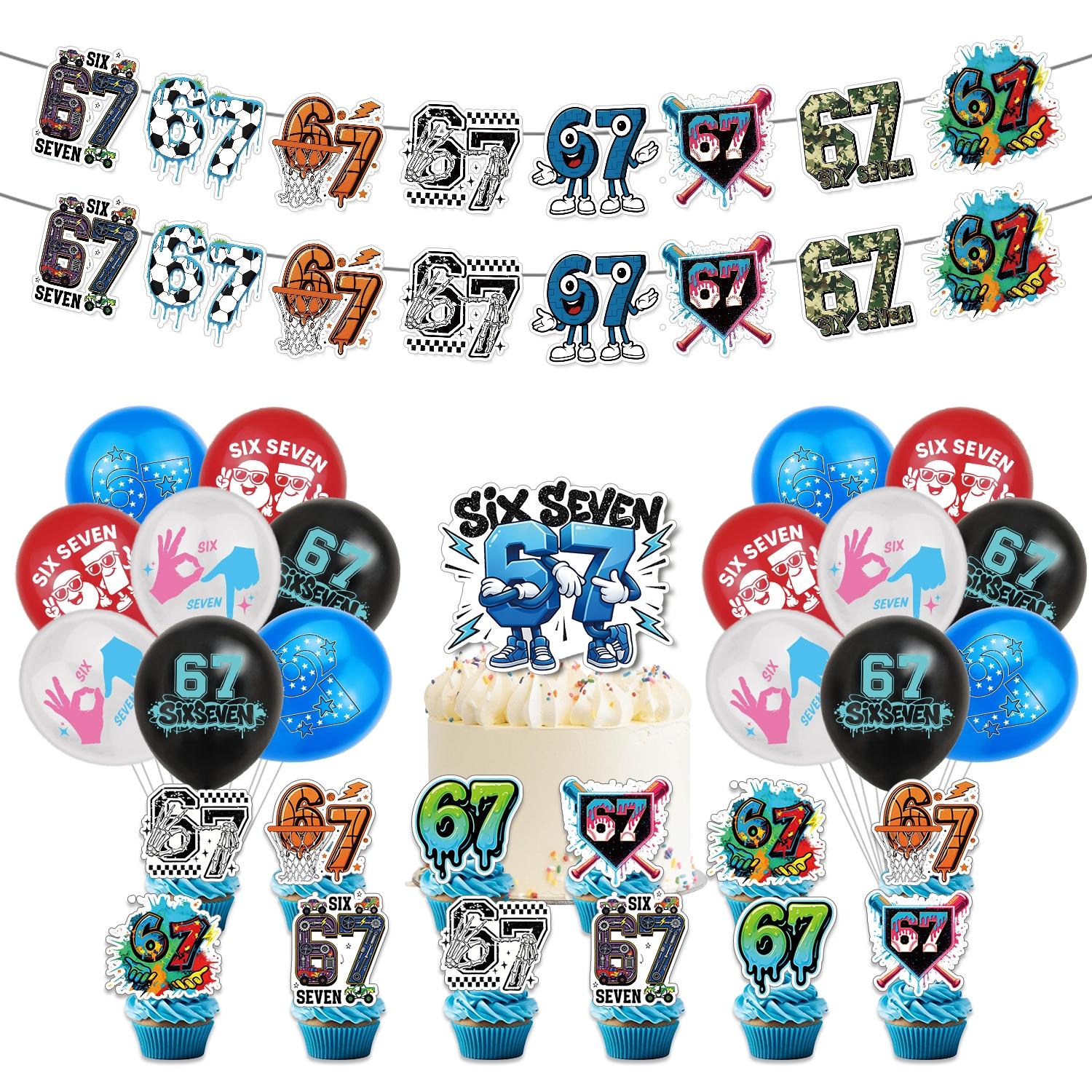 Hot Funny Abstract Six Seven Meme Theme Birthday Decorations ，Brainrot Meme &67 Themed party supplies Set Includes Banner, Cake Topper, Cupcake Toppers, Ballons，8 Sheets Make a Face Diy Sticker,Suitable for cartoon-themed birthday party events