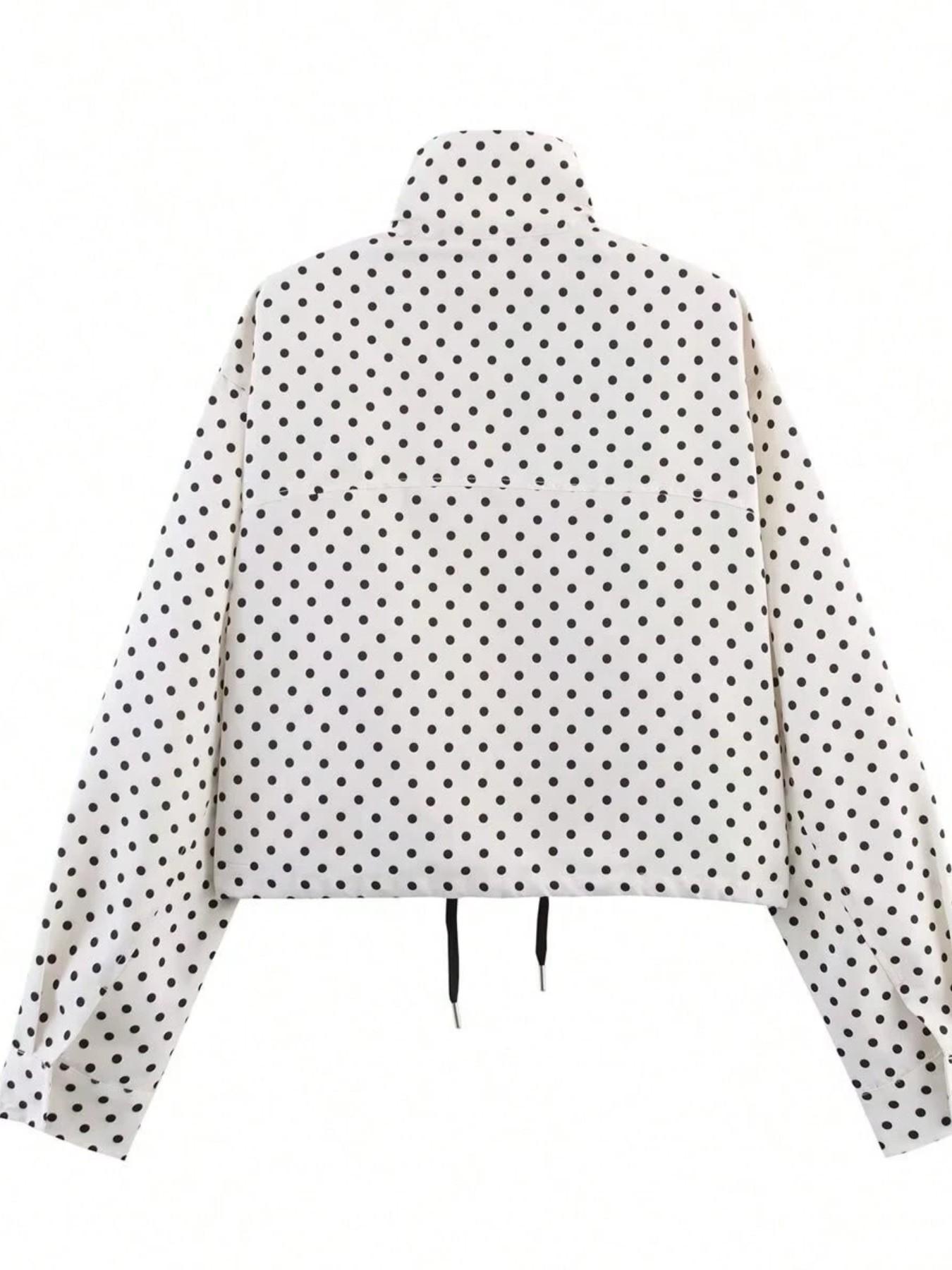 Women's New Aesthetic Polka Dot Pattern Adjustable Drawstring Jacket, Retro Zipper Long Sleeve Stand Collar Outerwear for Everyday Wear, Casual Fashionable Jacket, Streetwear