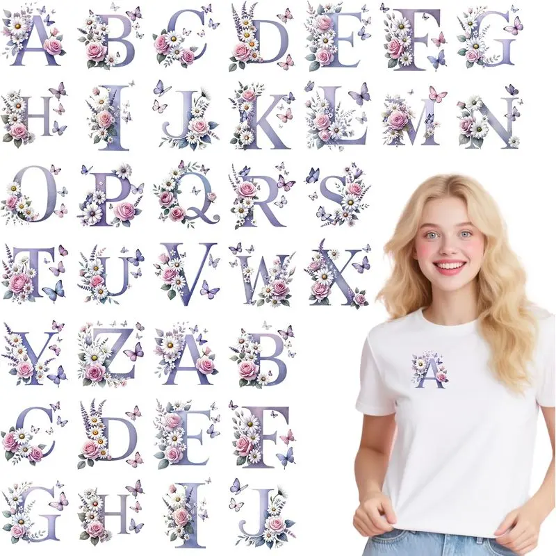 Iron On Transfer Decals, 36 Sheets Flower Alphabet DTF Heat Activated Film for T-Shirts, Hoodies, Pillows, and Tote Bags