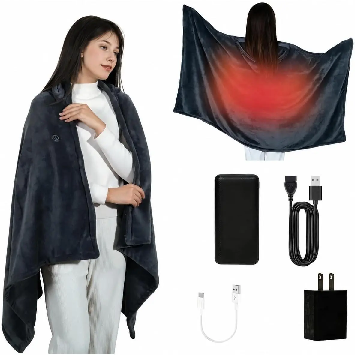 Cordless Heated Blanket with Hood, USB Battery Powered Heated Wearable Blanket with 9 Heating Zones, 20000 mAh Power Bank, 3 Levels, Portable Heated Throw Blanket, Heated Shawl