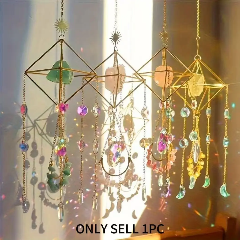 Copper Moon Stone Sun Catcher Window Hanging, Wall Hanging Ornament, Moving Gift, Rainbow Maker, Crystal Indoor Garden Decor, Bohemian Decoration, Natural Stones
