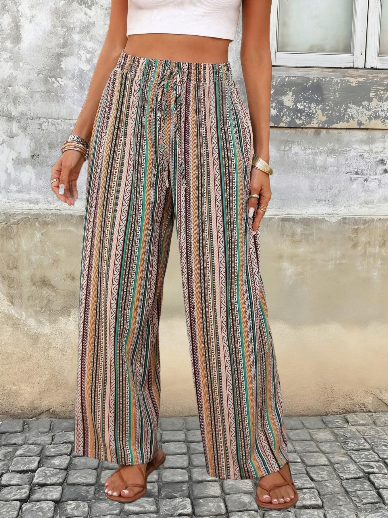Women's Bohemian Striped Wide Leg Pants, Elegant High Waist Elastic Waistband, Casual Loose Fit, Perfect for Beach and Daily Wear