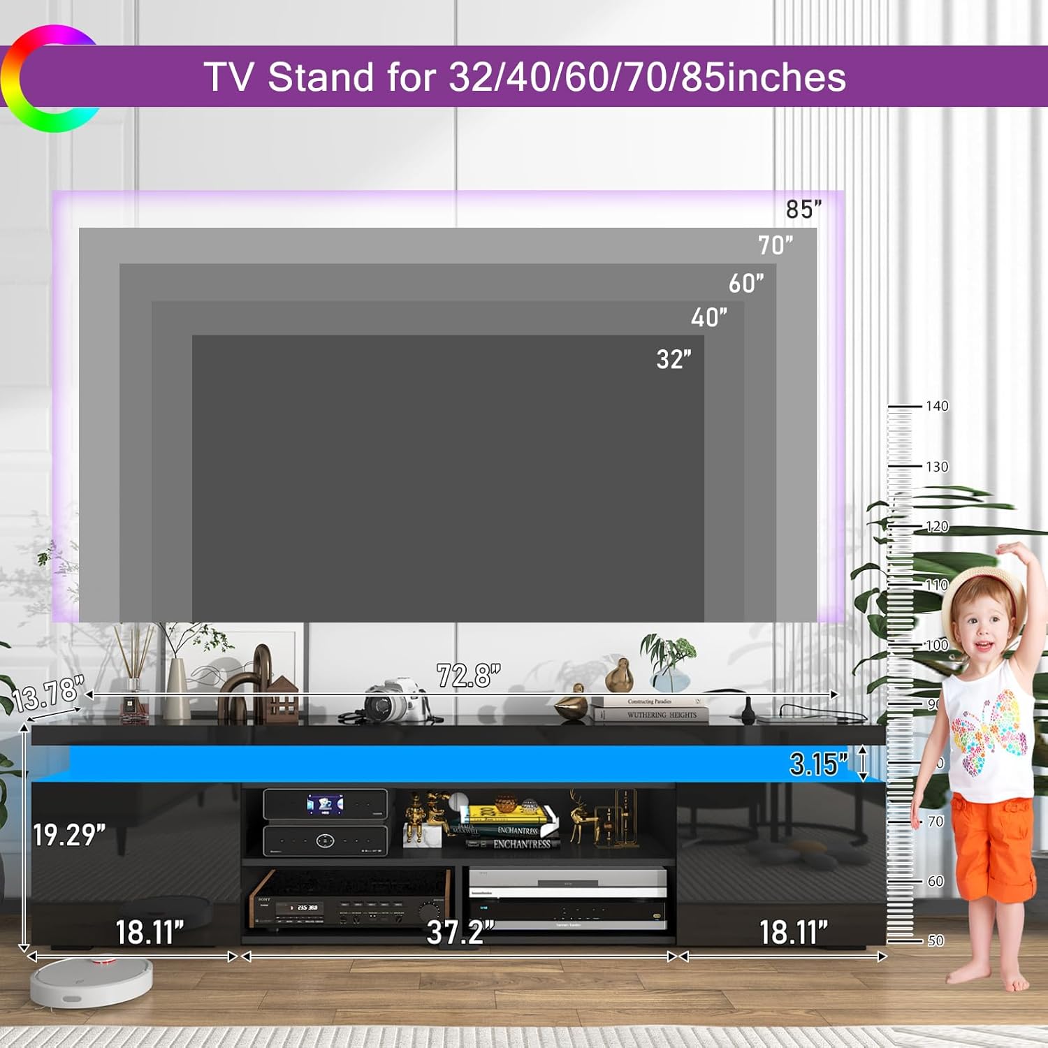 LED TV Stand for 75/85/95 Inch TV,66/73/83 Inch Modern Gaming TV Stand with Power Outlet, High Gloss TV Console Entertainment Center with Storage for Living Room, Bedroom LED TV Stand for 75/85/95 Inch TV,66/73/83 Inch Modern Gaming TV Stand with Power Outlet, High Gloss TV Console Entertainment Center with Storage for Living Room, Bedroom
