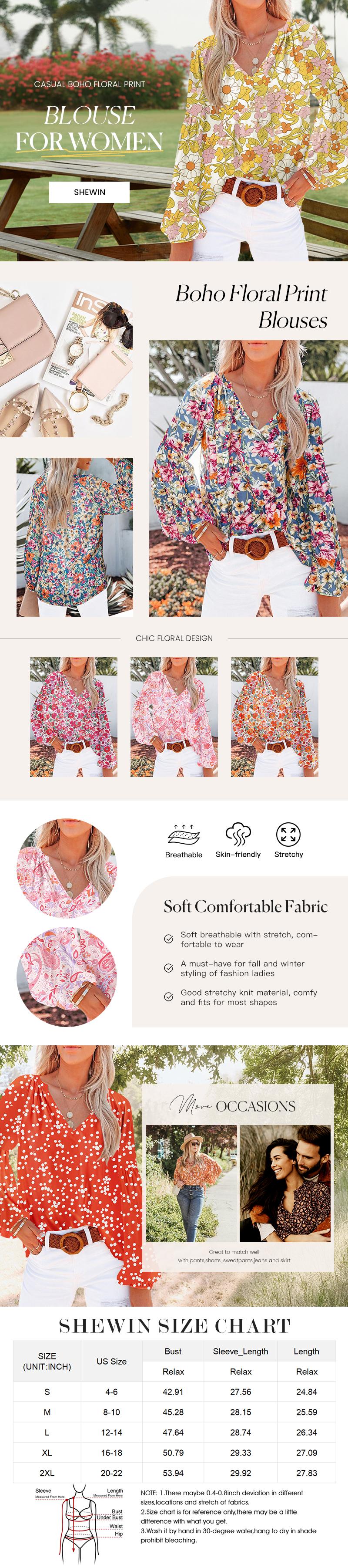 Shewin 2026 Spring/Summer Women's Romantic Ditsy Floral Chiffon Peplum Ruffle V-neck Long-Sleeve Boho Cottagecore Blouse Soft Girls Coastal Grandma Aesthetic Summer Shirt S-XXL - Womenswear