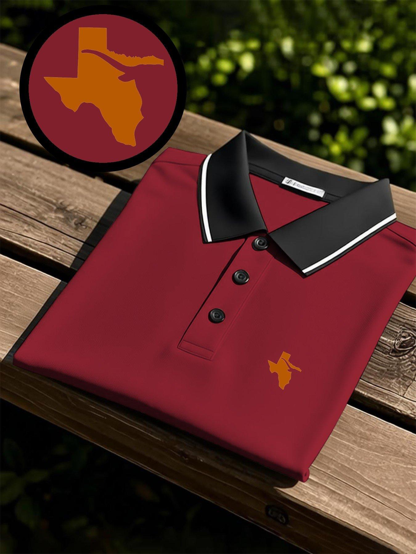 Men's quick-dry short-sleeve polo shirt with Texas longhorn print design. Breathable and comfortable for sports wear, fade-resistant, tailored for a body-hugging fit, sweat-wicking, non-sticky and durably crafted.