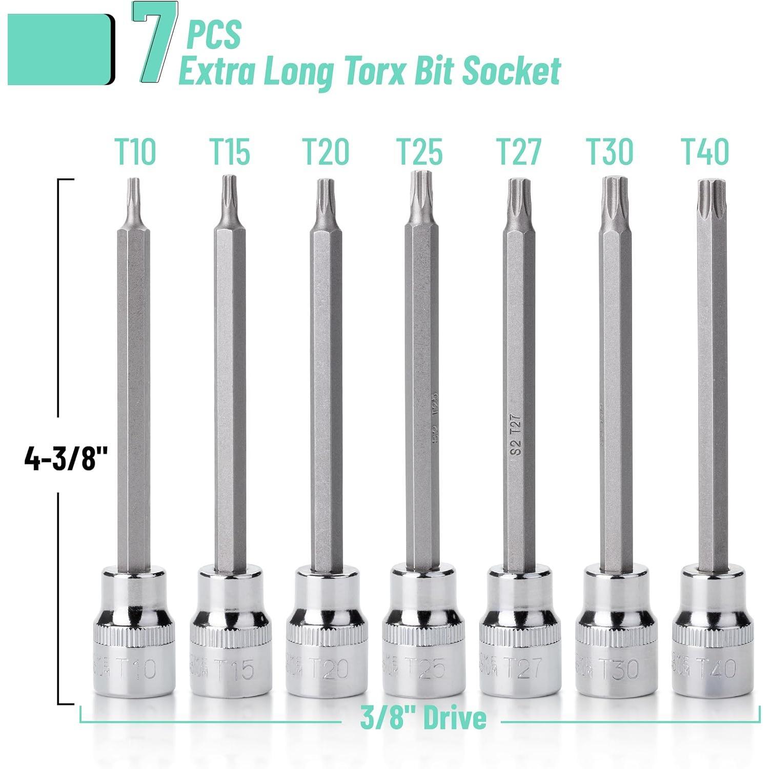 - Extra Long Torx Bit Socket Set, 7 count, 3/8" Drive T10-40, 4-3/8" Long Torx Socket Set 3/8 Drive