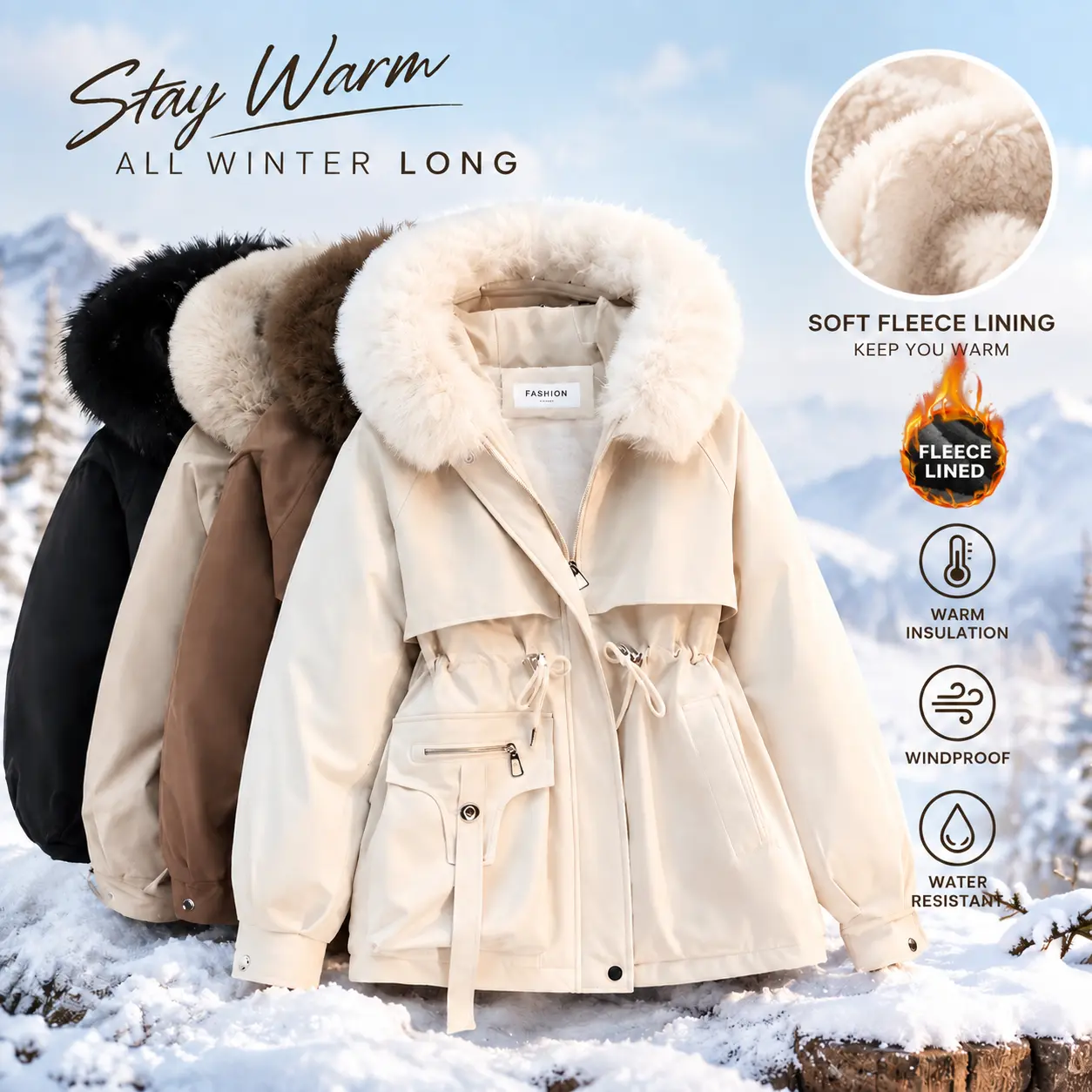 Yodutry Women's Warm Thick Winter Parka Coat, Extreme Cold Thermal Fleece Lined Jacket, Cozy Plush Fur Trimmed Hooded Outerwear with Adjustable Cinched Drawstring Waist for Snow Weather