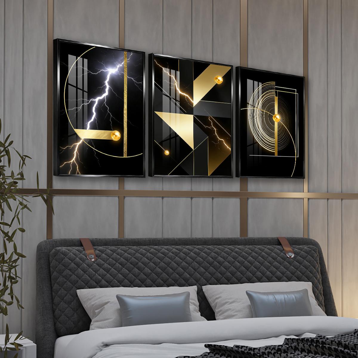 3 Counts Aluminum Alloy Framed Painting, Abstract Golden Geometric Lightning Art Pictures, Home Decoration For Living Room, Bedroom, Office, Restaurant, Hallway Wall Decor, Odorless Print Artwork, Luxury Perfect Gift For Friends And Family