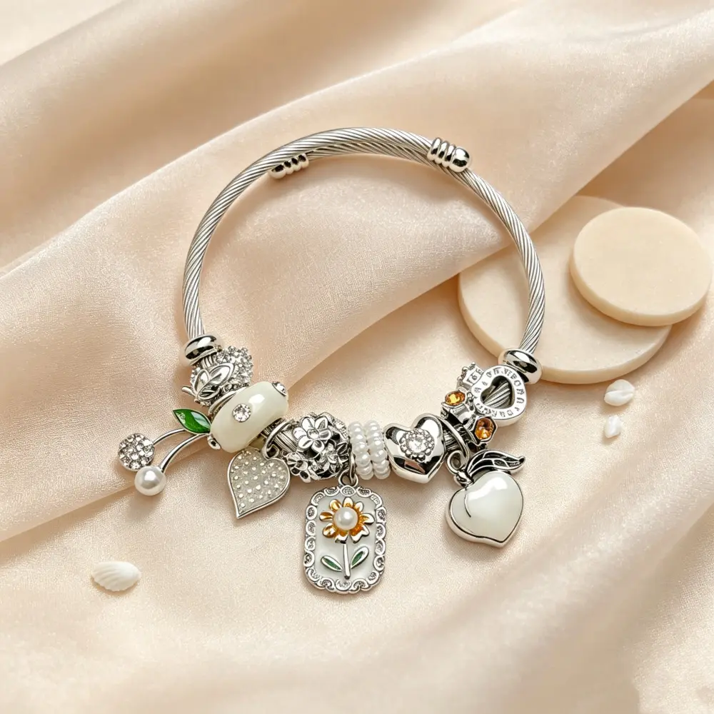 Women's Elegant Floral Heart Charm Bracelet - Twisted Cable Bangle, Exclusive Design Chunky Wristband with Dangle Sunflower Pendant, Cherry Heart Accents, Pearl Rhinestone Beads, Plastic Alloy Dainty Costume Jewelry - Gift Idea for Women